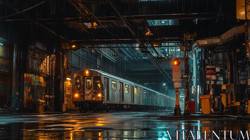 Nocturnal metro train under elevated rails in wet neon corridor.