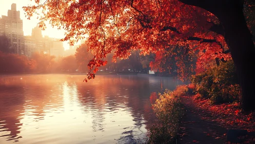 Autumn lakeside in urban park rendered with warm cinematic light