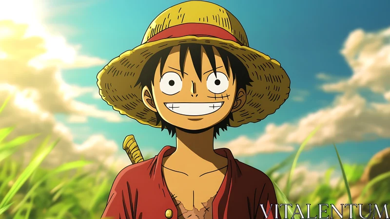 Sunlit straw hat boy smiles brightly in open green field