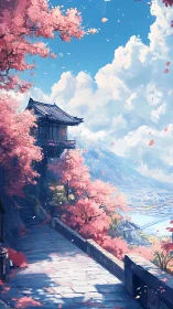 Serene hilltop temple among sunlit cherry blossoms and sky.