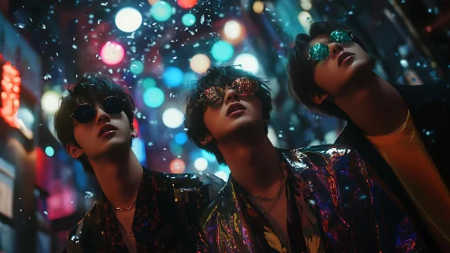 Neon night wanderers soaking in city lights together.