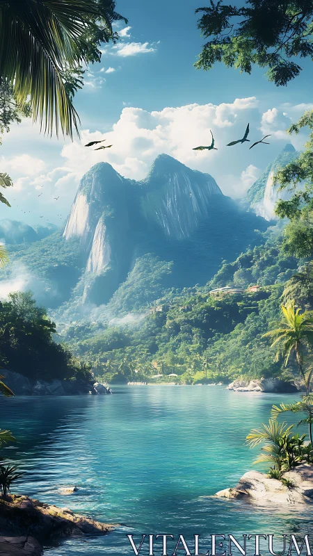 Luminous tropical fjord beneath misty emerald peaks.