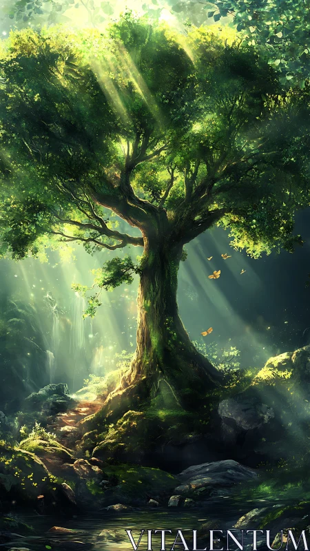 Ancient luminous forest tree under cascading sunbeams.
