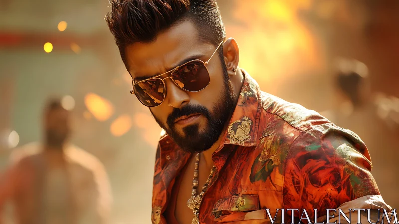 Confident man in patterned shirt stares through warm bokeh light