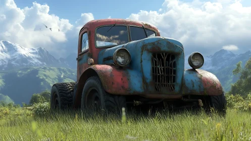 Weathered blue truck rests quietly in a bright mountain meadow