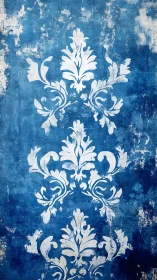Distressed cobalt damask stencil with layered pigment erosion.