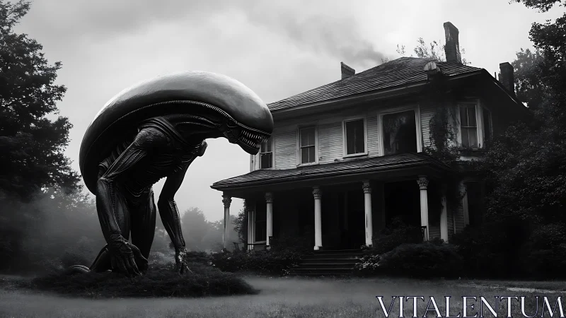 Monochrome xenomorph inspects decayed colonial house in dense fog
