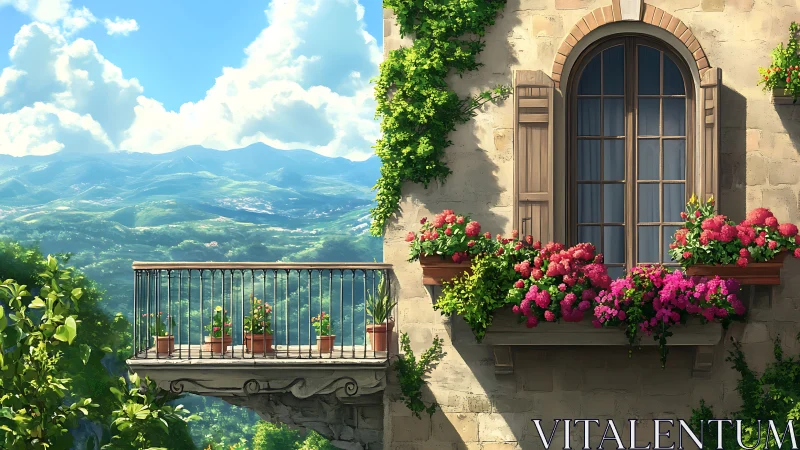 Digital painting of floral terrace balcony and mountain vista.