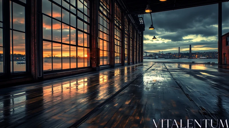 Harbor loft windows catching molten sunset on polished floorboards.