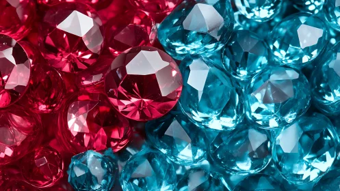 High-magnification cluster of faceted red and blue acrylic gems