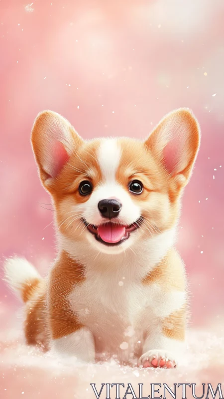 Digital painting portrait of playful corgi puppy in pastel snow.