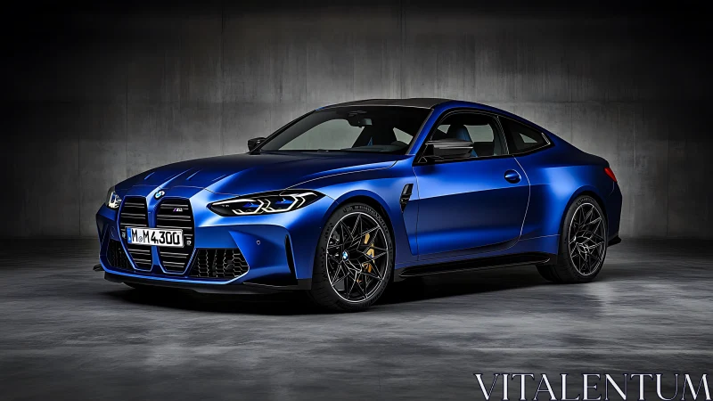 Studio-lit blue performance coupe in front three-quarter view.