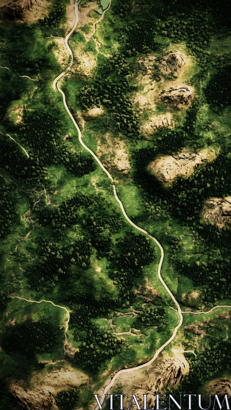 Winding road cuts through dense forest with rocky outcrops.