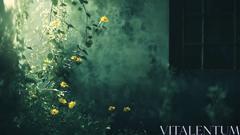 Yellow flowers growing beside an aged exterior wall.