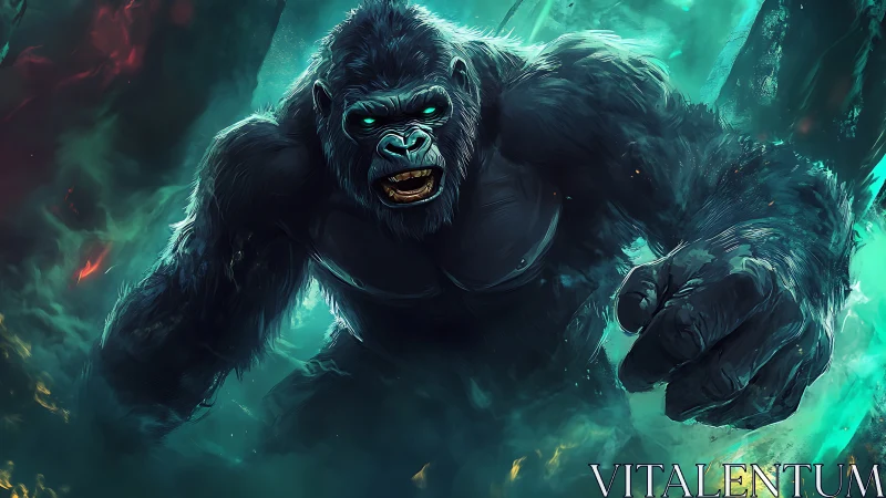 Roaring cyber gorilla charging through glowing teal chaos.