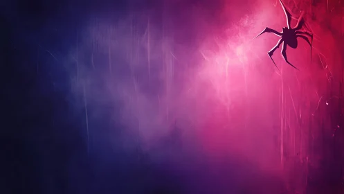 Neon dusk spider drifting through ultraviolet misted void.