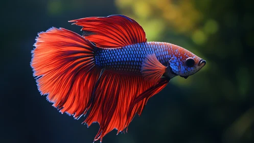 Vibrant betta fish displays flowing red fins in motion