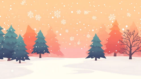Stylized winter forest under pastel sunset snowfall.