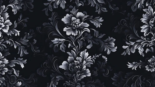 Monochrome baroque floral pattern covers dark background