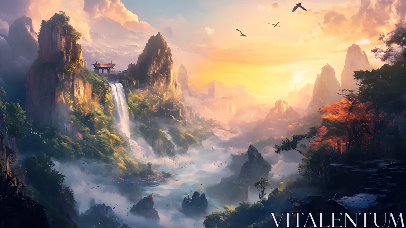 Sunlit mountain valley with pagoda, waterfall and aerial mist gradients