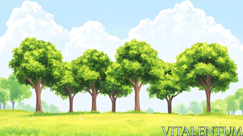 Gentle row of sunlit trees welcomes a bright summer day