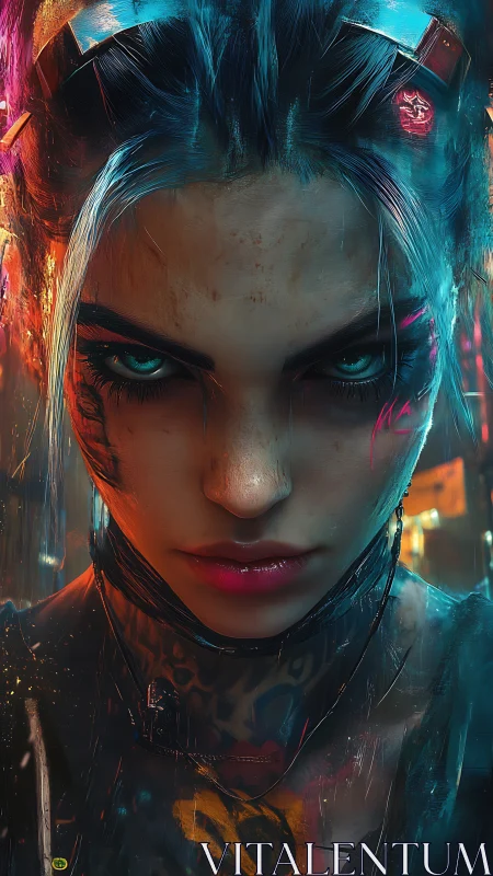 Cyberpunk rebel glares through neon haze and fractured light.