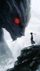 Stormy cliff meeting where a lone warrior faces a vast beast
