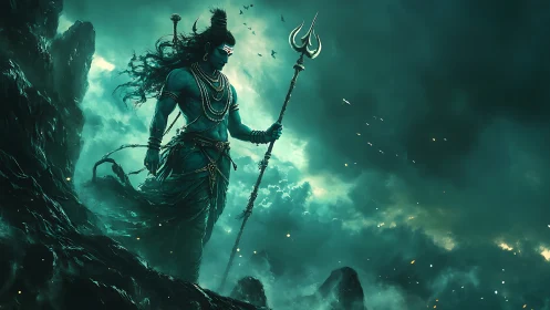 Storm-lit mythic warrior rendered in high-contrast teal atmosphere