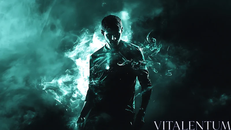Silhouetted male figure in teal smoke with dramatic rim light