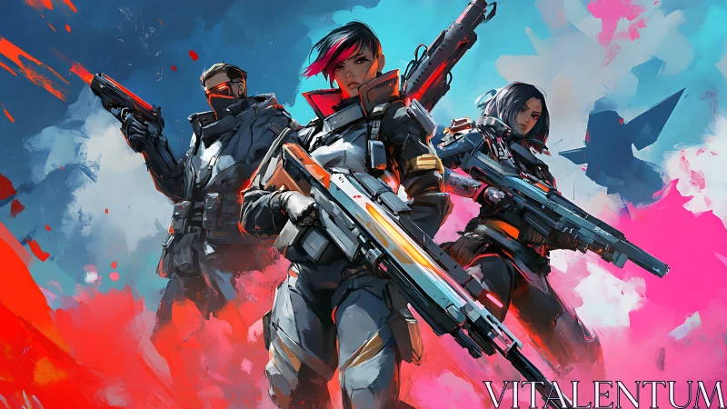 Bold neon heroes stride through swirling sci fi battlefield.