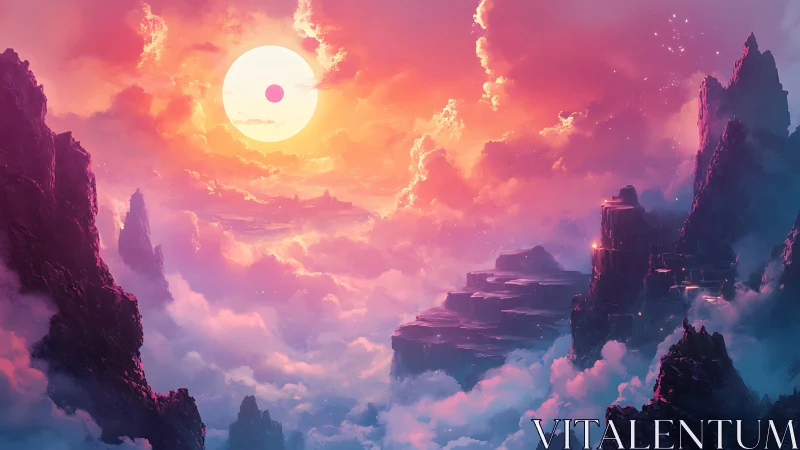 Radiant fantasy sun pours dreamlike light over misty peaks