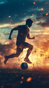 Silhouette soccer player running with ball through sparks.