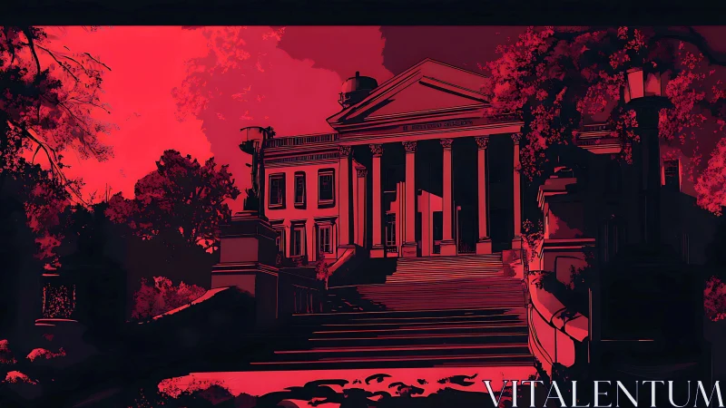 Neoclassical building facade is rendered in red digital tones
