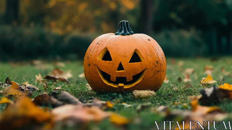 Grinning jack-o-lantern on autumn lawn at dusk depth of field.