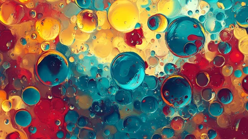 Colored liquid spheres form layered abstract circular composition