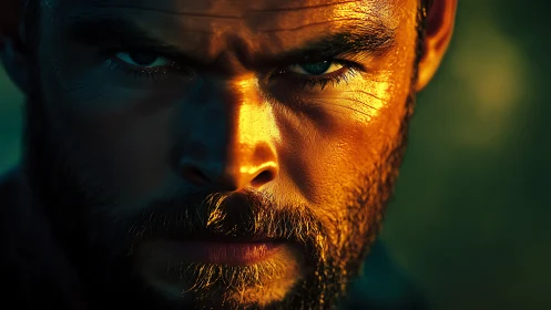 Intense bearded gaze glowing in bold golden sunlight.