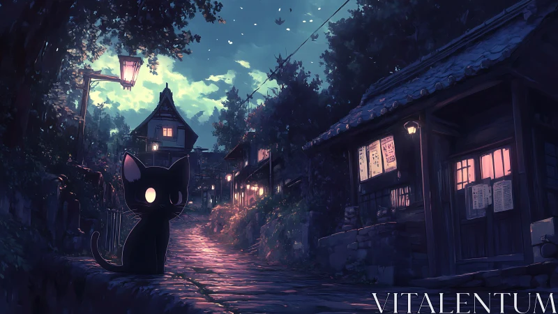 Backlit stylized black cat on lantern-lit cobblestone alley at dusk