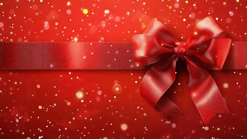 Glimmering red ribbon bow wrapped in festive sparkles.