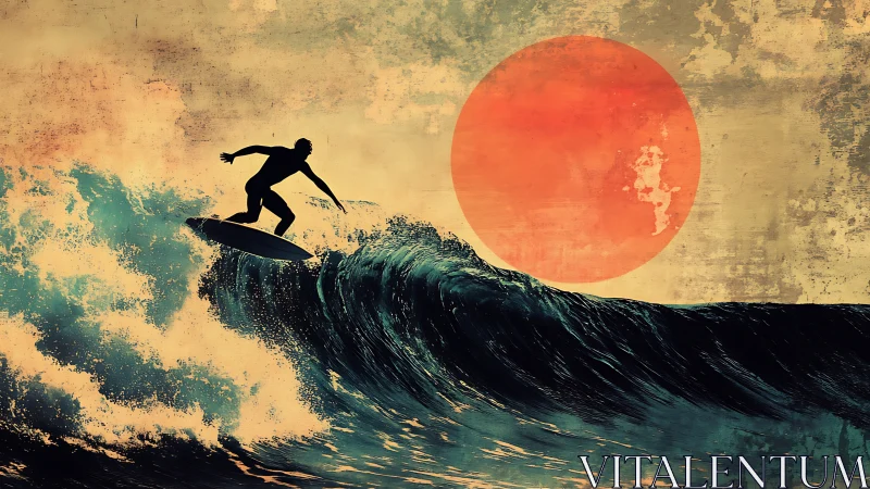 Surfer silhouette riding wave before large red sun.