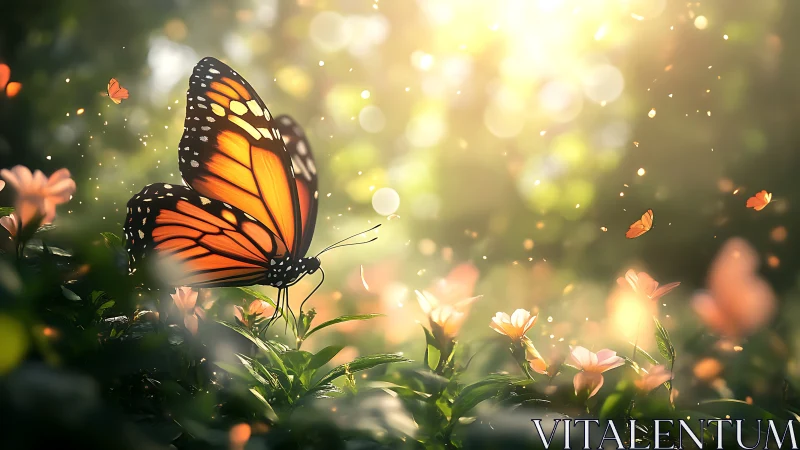 Monarch butterfly illuminated in backlit floral bokeh environment