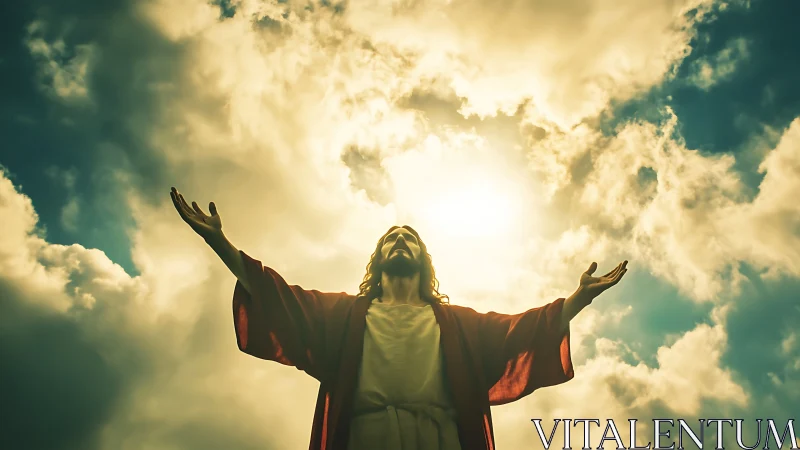 Robe-clad figure lifts arms toward radiant sunlit heavens.