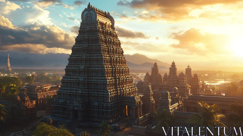 Sunlit stone temple complex rises against distant mountains