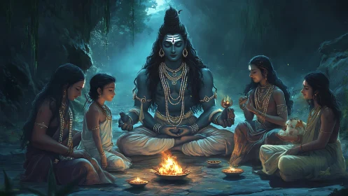 Divine blue figure meditating with four devotees by fire.