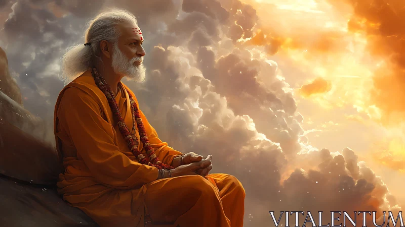 Meditative sage contemplates the sunset above glowing clouds.
