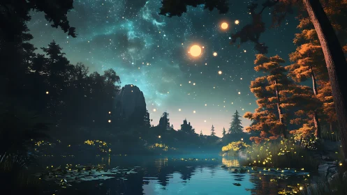 Fantasy forest lake under multi-moon star-filled night sky