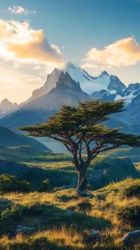 Solitary tree stands before distant snow-covered mountain peaks