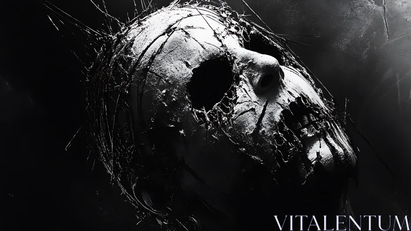 Eroded skeletal mask rises from darkness in stark monochrome