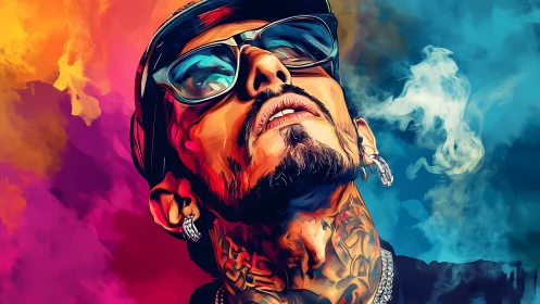 Urban neon portrait of tattooed man in vibrant smoke clouds.