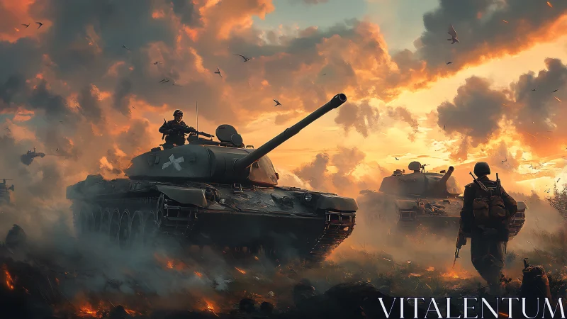 Armored column advancing through burning dusk battlefield.