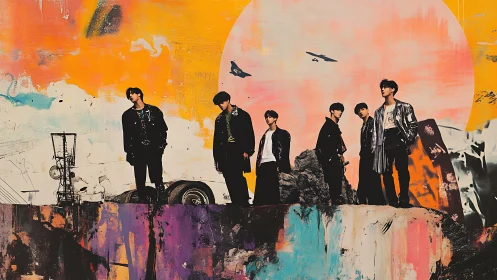 Six silhouetted figures before abstract sunset mural.